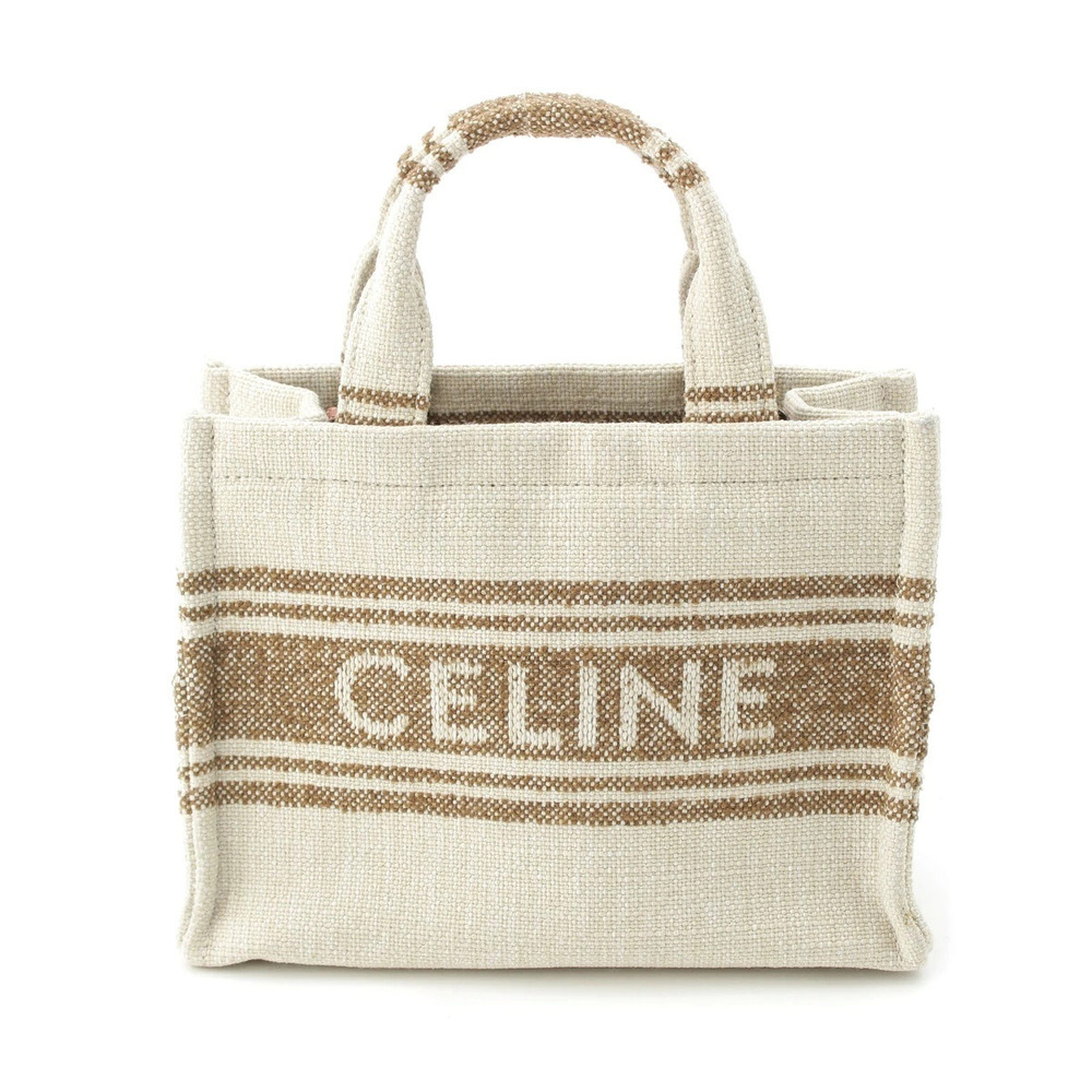 Celine Cabas Thais Canvas Leather Tote Bag Handbag Beige Cream Brown